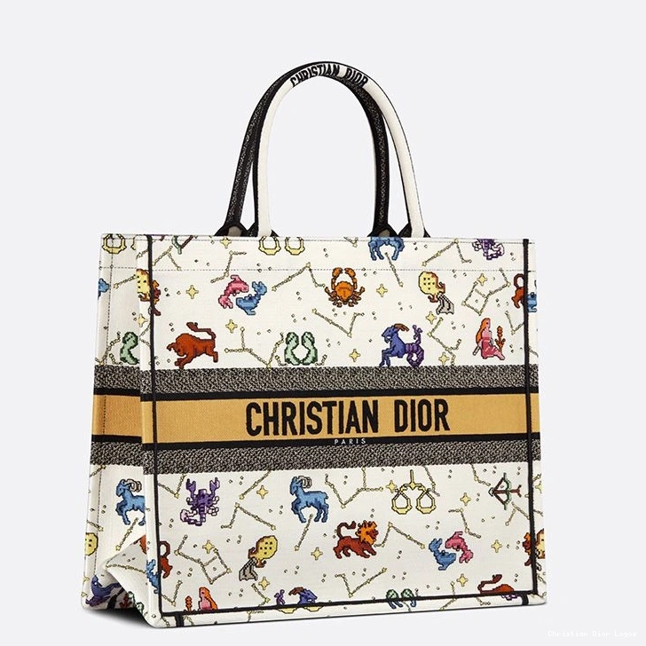 Cheap Pixel Motif Canvas Tote Dior Book Zodiac White 0809 Luxury